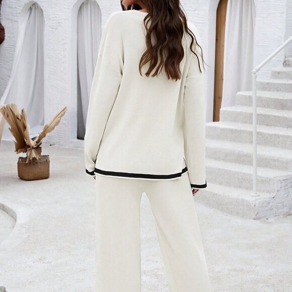 White Casual Women's Daily Color Block Sweater Set - Picture 2 of 8